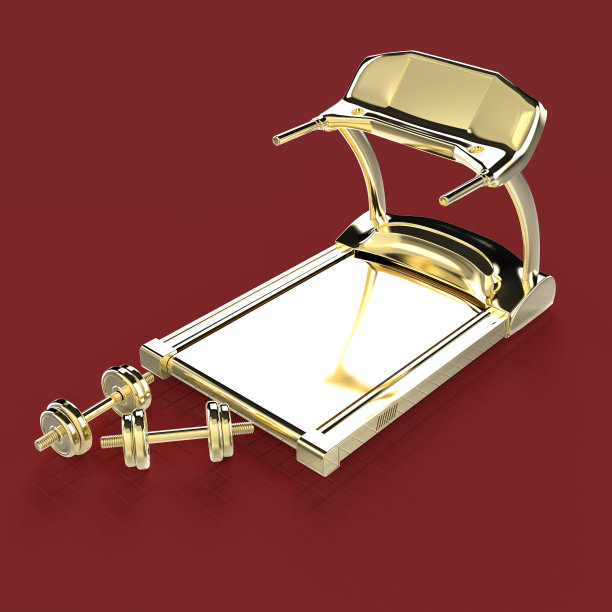 黄金跑步机和健身锻炼设备哑铃重量。渲染图片下载