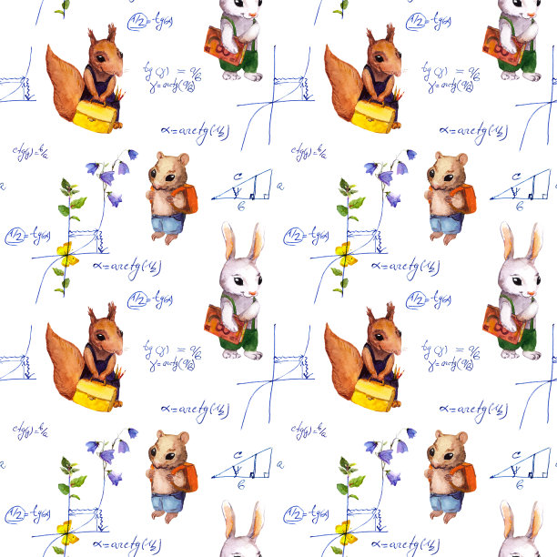 无缝学校模式与动物，数学公式，花。水彩图片下载