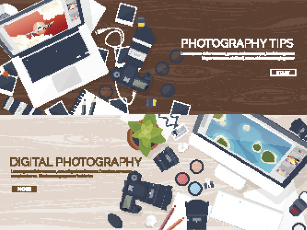 桌子上放着摄影器材。摄影工具，照片编辑，照片拍摄图片下载