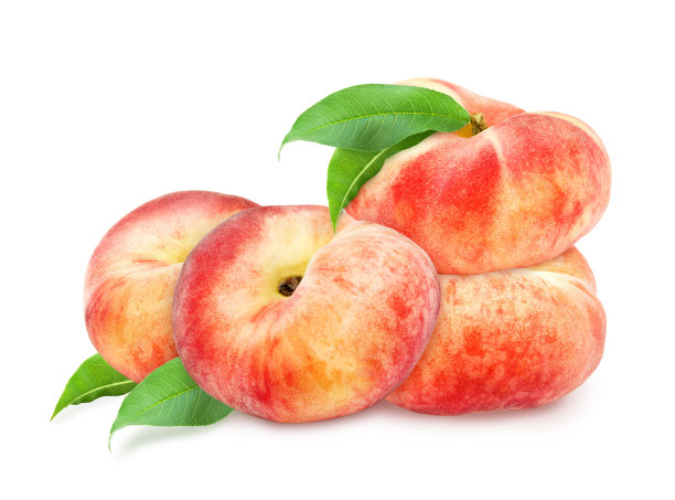 四个新鲜成熟的带叶桃子。图片下载