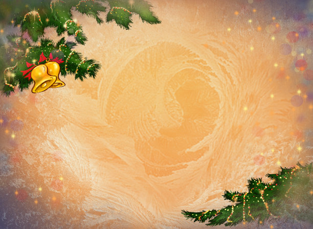 圣诞贺卡。冷杉树枝上的铃铛。冷淡的模式。图片下载