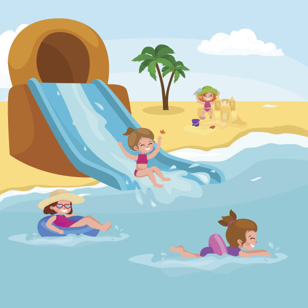 孩子们的暑假。孩子们在沙滩上玩水沙图片下载