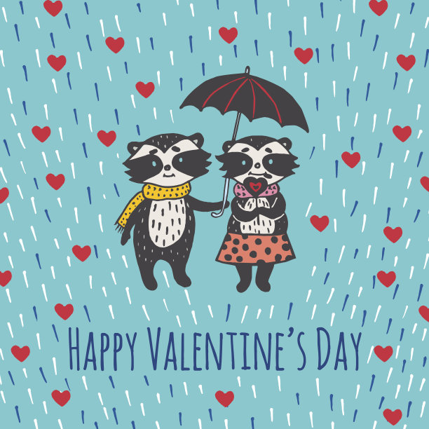 情人节卡片插图浣熊夫妇和心雨图片下载