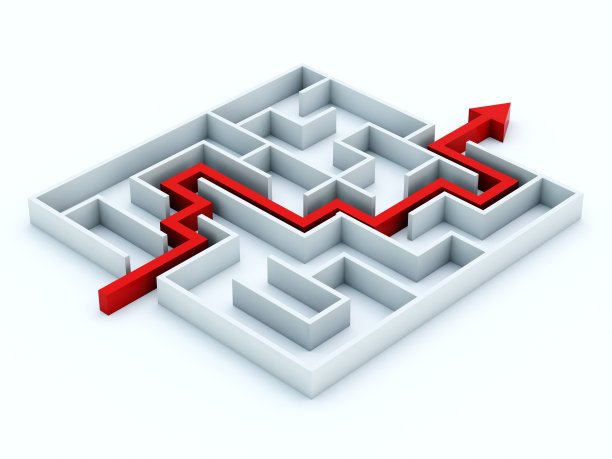 一个白色的3D迷宫，红色箭头指示方向图片下载