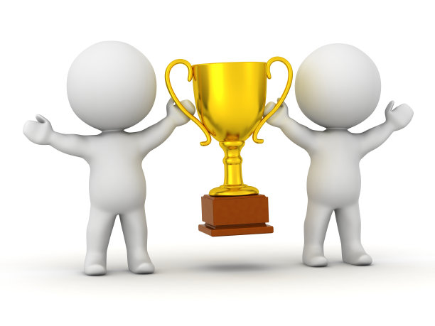 两个3D人物持有金杯-团队胜利概念图片下载