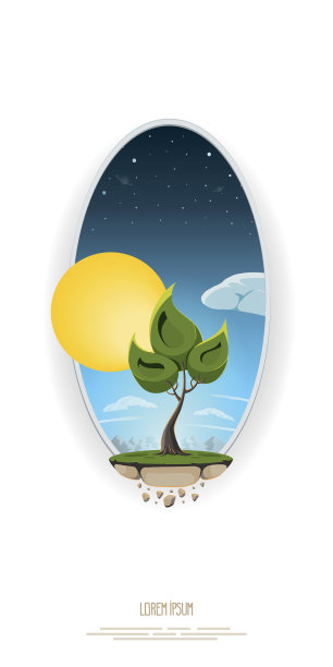 矢量抽象插图树，飞行岛屿陆地上的背景天空图片下载