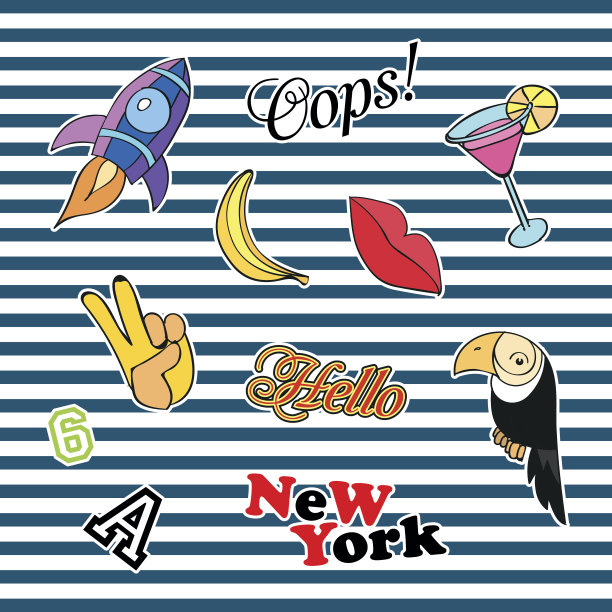 不同元素的时尚徽章。一套贴纸，大头针图片下载