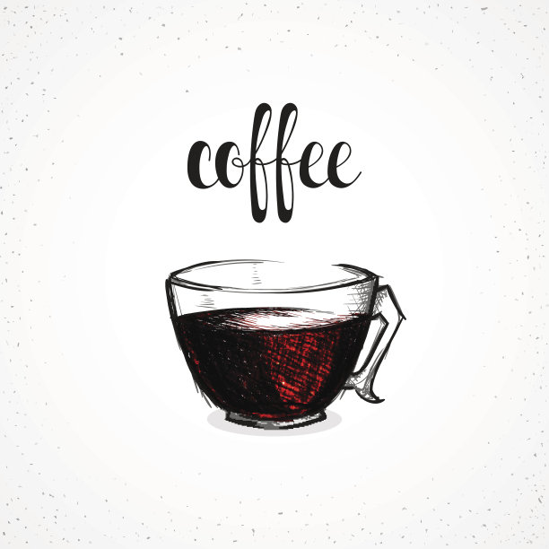 彩色咖啡在玻璃碟与书法。手工素描图片下载