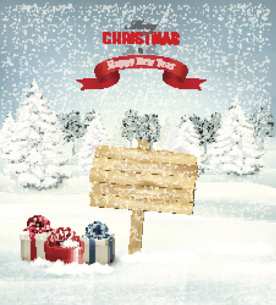 冬季圣诞景观与木制华丽的标志背景。图片下载