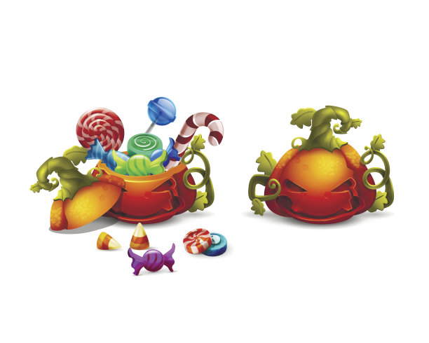 万圣节糖果和糖果的图标在南瓜。矢量插图。图片下载