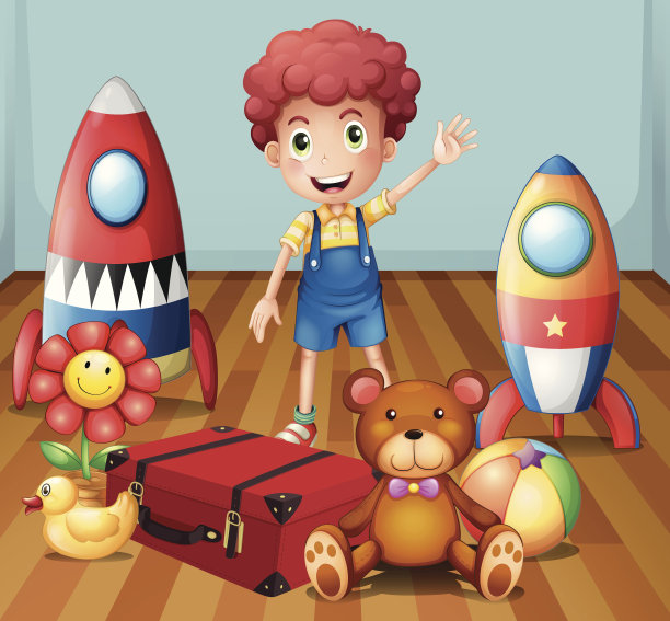 小男孩和他的玩具在房间里图片下载