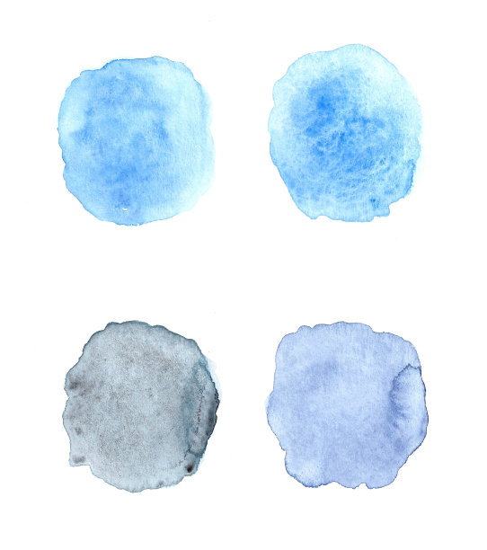 一套蓝色水彩颜料斑点，孤立的白色背景图片下载