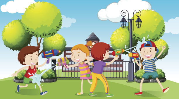 孩子们在公园里玩水枪图片下载