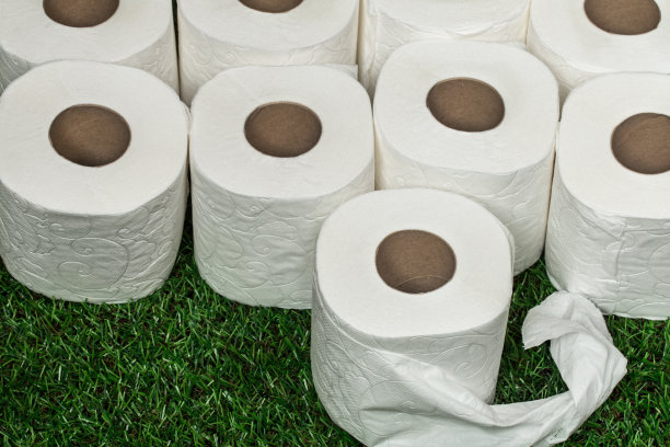 白色的卫生纸铺在绿色的草地上图片下载