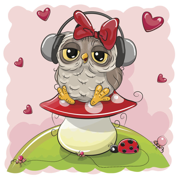 可爱的卡通猫头鹰女孩戴着耳机图片下载