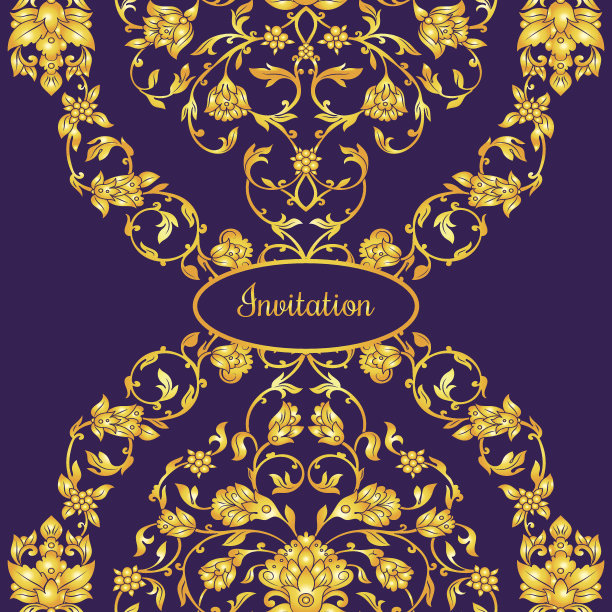 花装饰的邀请卡与古董，豪华紫罗兰和黄金图片下载