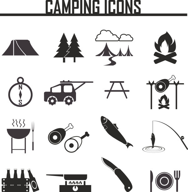 一套露营设备的符号和图标图片下载