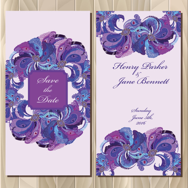 孔雀羽毛婚礼请帖。可打印矢量图图片下载