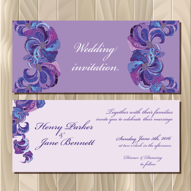 孔雀羽毛婚礼请帖。可打印矢量图图片下载