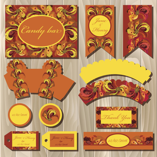 一套印刷背景的婚礼。糖果设计。图片下载