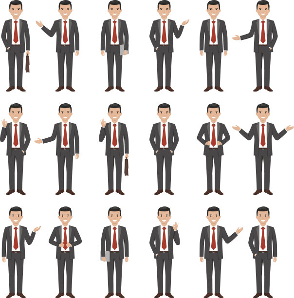 一个年轻的卡通风格微笑的商人在灰色西装的收集图片下载