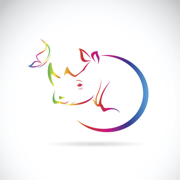 犀牛和蝴蝶在白色背景上的矢量图像图片下载