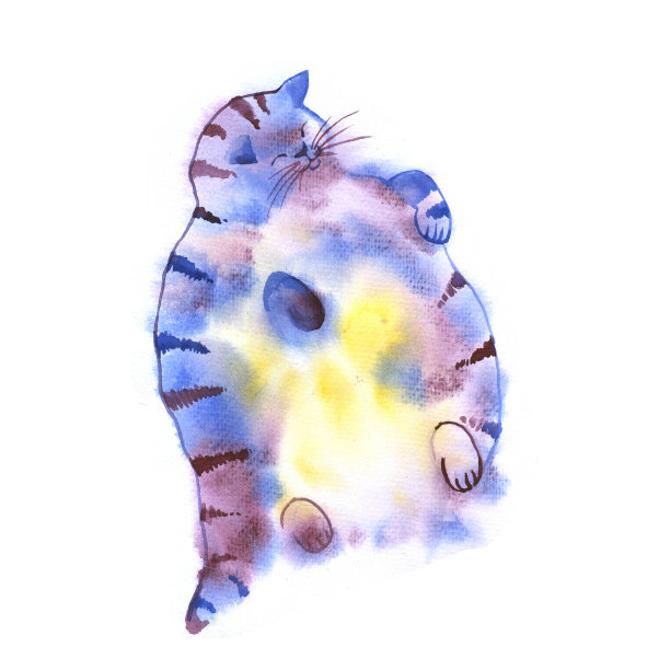 有趣的胖猫水彩插画：可爱的睡猫剪影图片下载