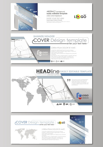 社交媒体和电子邮件的标题设置，现代横幅。抽象设计模板，矢量布局在流行的尺寸。几何蓝色背景，分子结构，科学概念。连接线和点图片下载