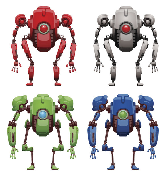 一组有趣的红、白、绿、蓝机器人图片下载