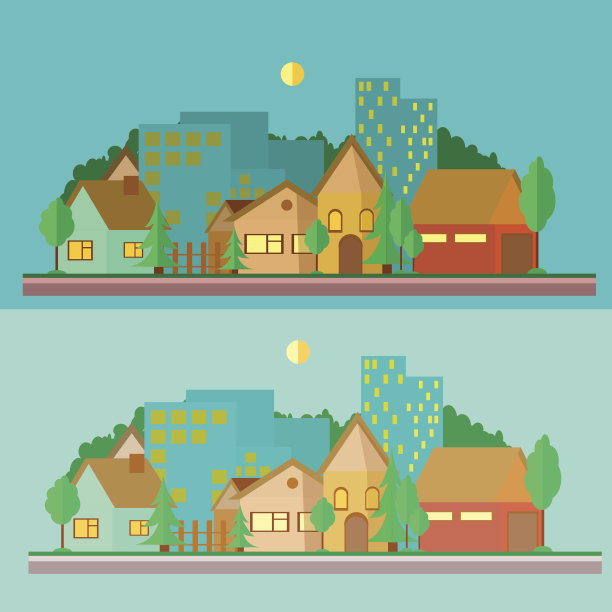 平面设计景观夜间矢量插图图片下载