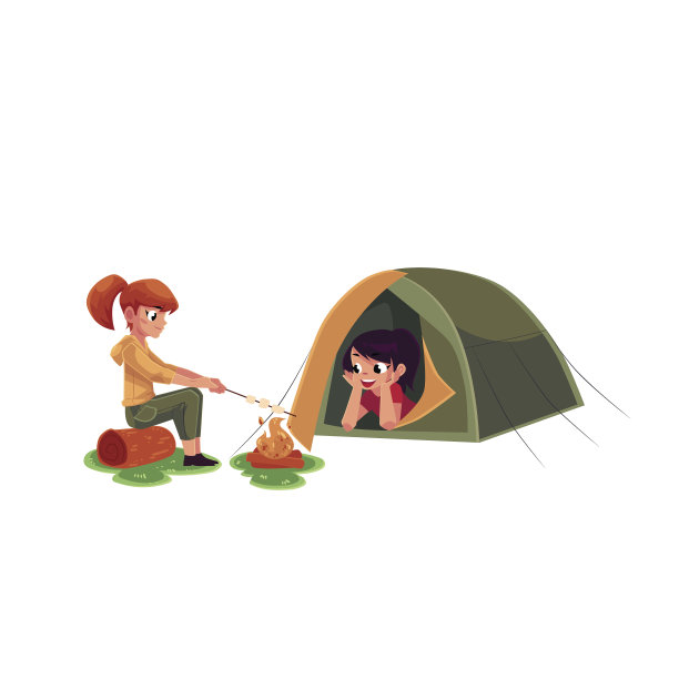 女孩们在火上煎棉花糖，看着露营帐篷外图片下载