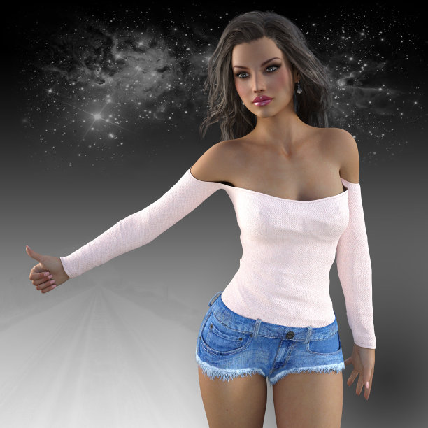 年轻女子搭便车的3D渲染。图片下载