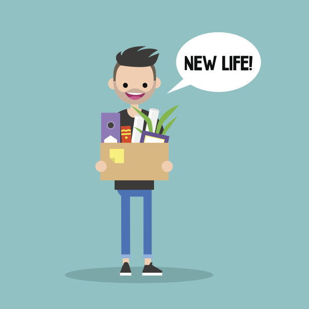 新生活概念插画。年轻的白人男子拿着一个装满办公室文具用品的盒子/平面可编辑矢量插图，剪辑艺术图片下载