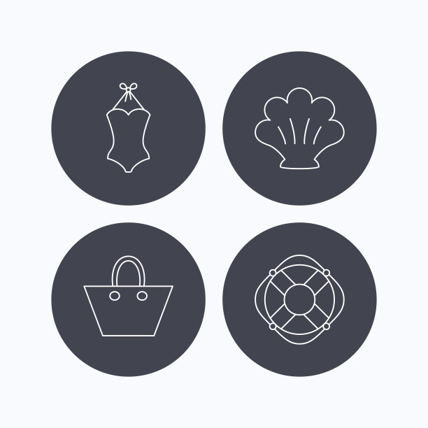 女士手提包，贝壳和泳衣图标。图片下载