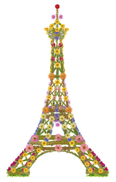 巴黎的象征-艾菲尔铁塔-是由夏天的鲜花。孤立的拼贴图片下载