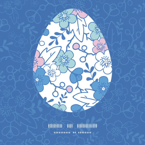 向量蓝色和粉红色和服花复活节鸡蛋剪影框架图片下载