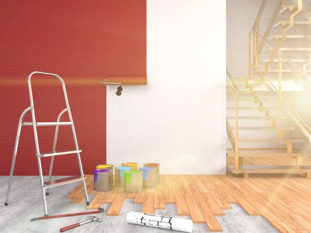 修理和粉刷房间的墙壁。三维演示图片下载