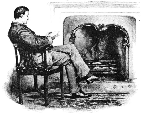 维多利亚时代的插画师坐在扶手椅上，在壁炉前阅读信件图片下载