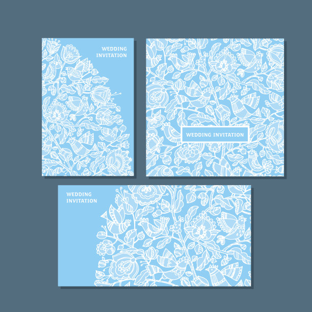 蓝色装饰贺卡集。手工绘制花边图案与民间风格的树和鸟。优雅的矢量插图印刷，婚礼邀请，海报。图片下载