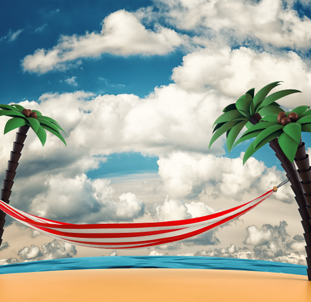 岛上有棕榈树和吊床。三维渲染图片下载