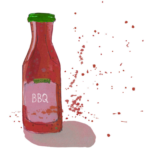 烧烤酱瓶与水彩飞溅。烧烤酱。粗略的说明图片下载