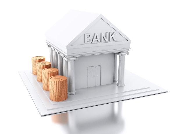 3d银行建筑与货币硬币。图片下载