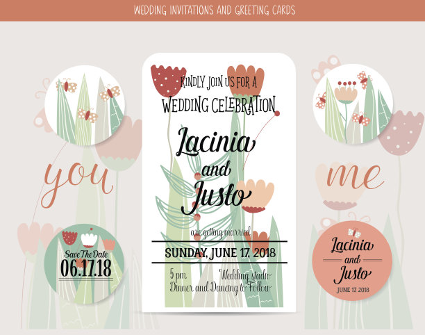 婚礼邀请卡与浪漫的鲜花模板图片下载