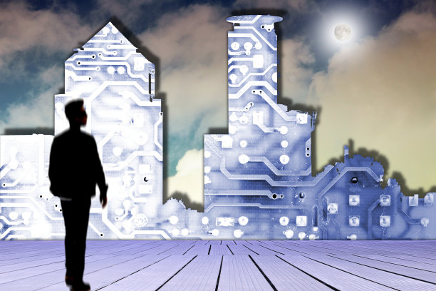 一个年轻人模糊的身影在一个超现实的城市景观上。蓝色的色调。图片下载