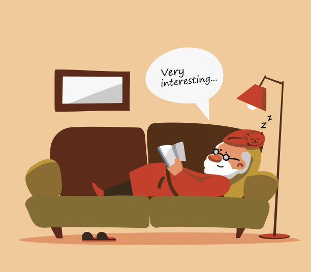 老人在家里休息，在沙发上看书图片下载