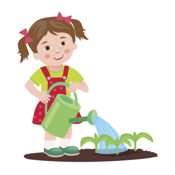 小女孩在花园里干活。花园浇水。图片下载