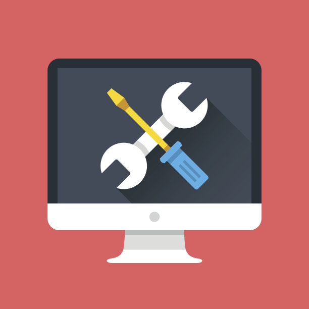 屏幕上有扳手和螺丝刀的电脑图标。电脑维修服务，技术支持，维修理念。现代平面设计图形元素。矢量图素材图片