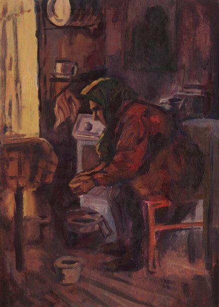 在厨房里准备食物的女人。油画图片下载