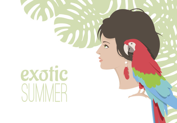 漂亮的女孩和明亮的鹦鹉图片下载