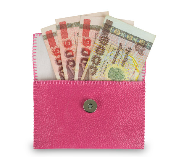钱在粉红色的钱包里孤立在白色的土地上图片下载